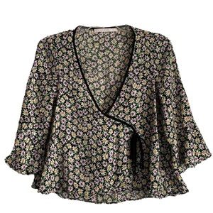 Zara Black Colorful Daisy Floral Print Top